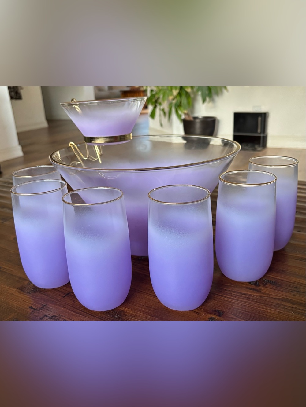 Mid-Century Blendo Frosted Lavender Punch/Dip Set w/ 6 Tumblers – Gold Trim